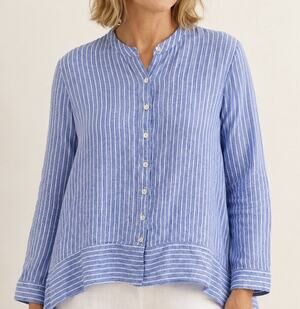 FOIL Linen Tunic Top US 4 Blue Striped High Low Mandarin Minimalist Lagenlook